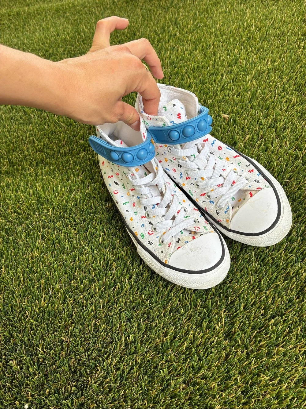 Converse Kids White High-Top Sneakers with Blue Strap and Multicolor Print